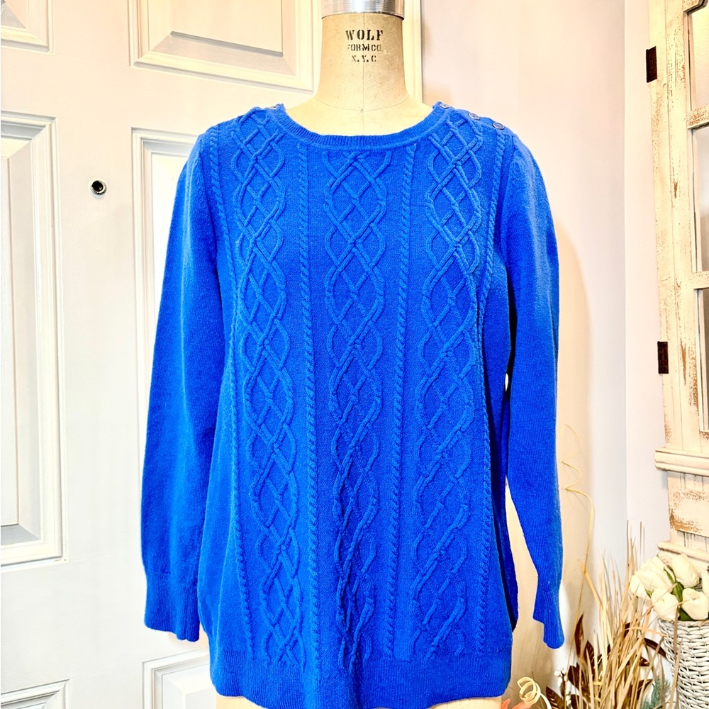 Talbots Cobalt Blue Cable Knit Sweater 1X Classic Crewneck Cozy Pullover Soft‎